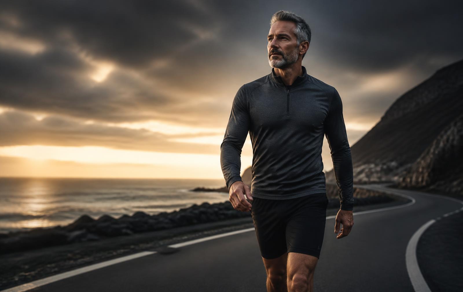 Midlife man walking confidently outdoors at dawn